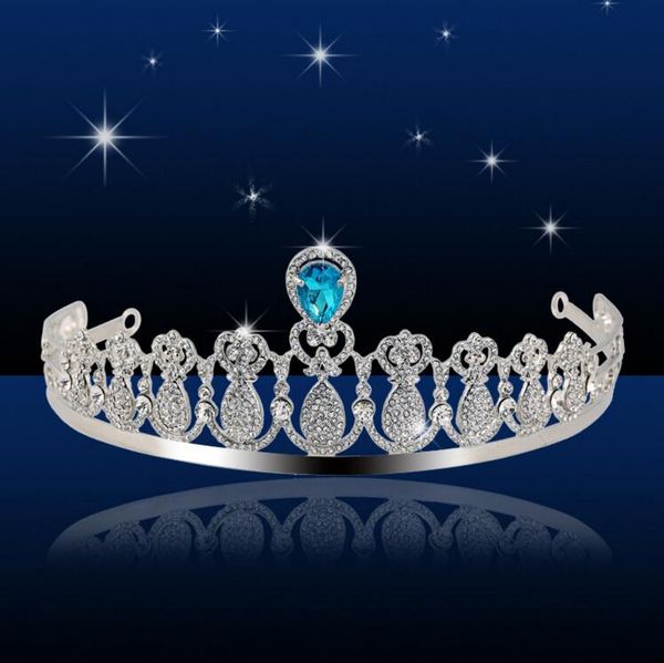 Noiva Europeia Tiaras Barroco De Luxo Strass Coroa De Cristal A Rainha De Diamante Cabelo Princesa De Prata com Azul Brilhante Acessórios Para o Cabelo