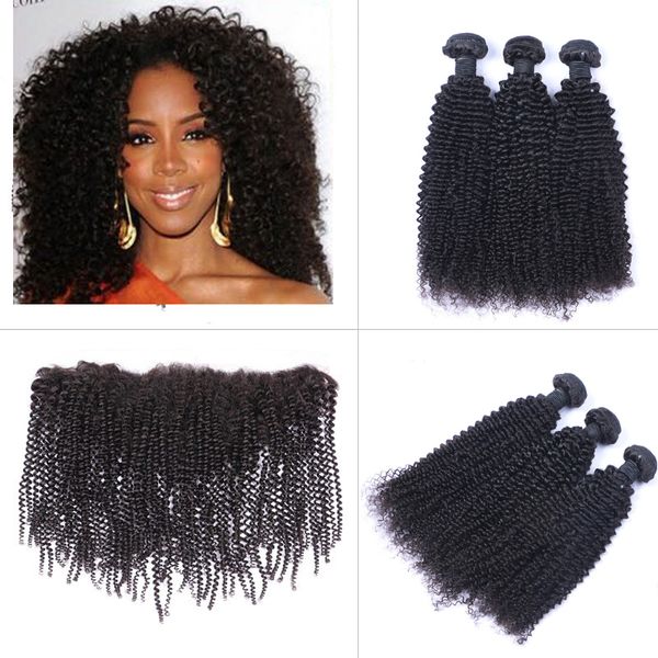 Brasileiro Kinky Curly Human Wews com 13x4 Rendas Frontais Cabeça Completa A cor natural pode ser tingido fechamentos pré-arrancados