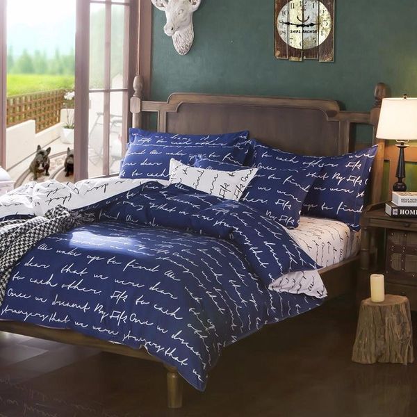 

wholesale- home textile duvet cover blue love letter printed cotton bedding set single double king quilt duvet cover bed sheet pillowcase