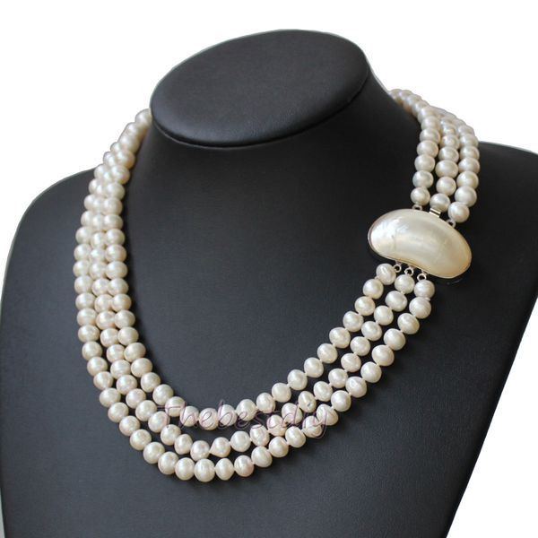 

3 row round freshwater pearl necklace christmas, Silver