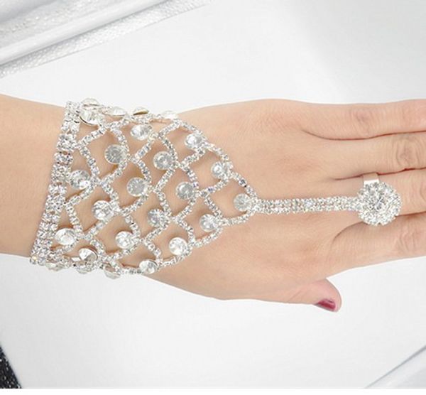

gorgeous wedding jewelry pearl rhinestone bracelets with finger rings bridal hand harness bangle slave chain bracelets with finger ring, Golden;silver