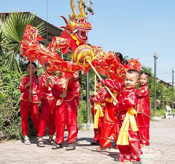 

children size red silk print fabric chinese kid dragon dance folk festival celebration costume dragon mascot costume, Red;yellow