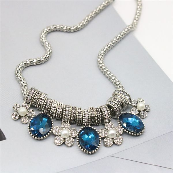 

bohemia fashion necklace women alloy statement necklace luxury designer jewelry crystal flower pearl pendant necklaces jewelry, Silver
