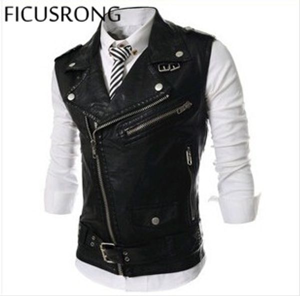 Wholesale- 2017 New Autumn Zipper Male Slim Lapel Short Design PU Leather Waistcoat Men Clothing Motorcycle Vest Coat Punk Style Undercoat