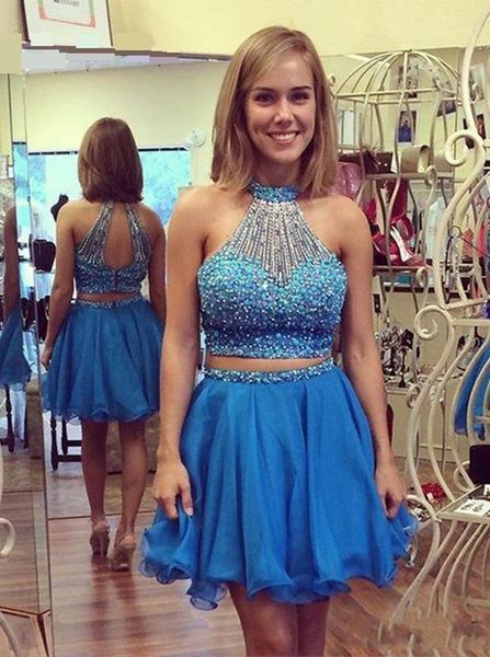 

new two pieces beaded pearls short homecoming dress halter graduation dress mini prom dress, Blue;pink