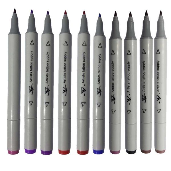 All'ingrosso-10 colori Body Art Tattoo Supply Pen Dual Tip Double End Tattoo Skin Marker Marking Pen Penna per inchiostri per tatuaggi con punta piatta / spessa