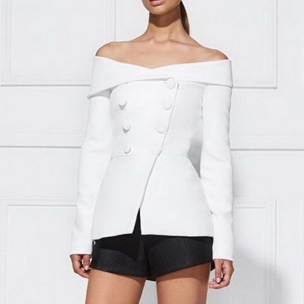 

autumn fashion double beasted buttons slim ladies blazers slash neck off shoulder blazer femme elegant suit coat woman, White;black
