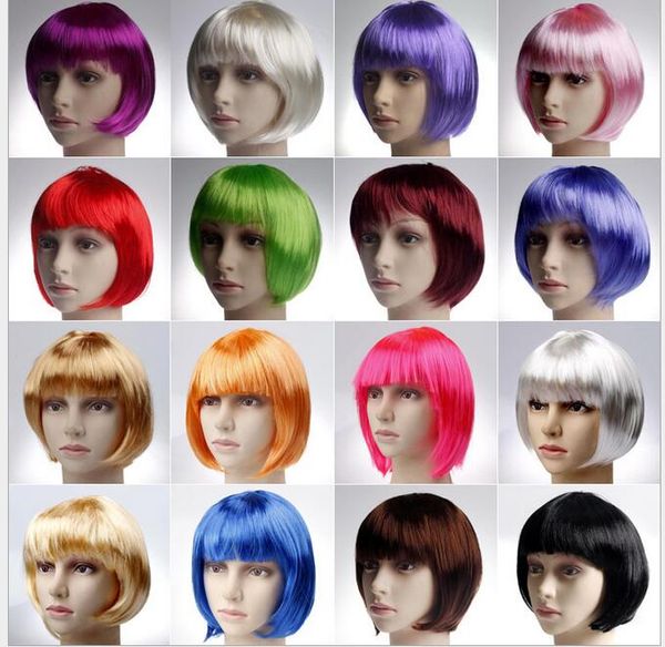 17 renk bayan Cosplay kısa Saç Peruk NightClub çubuğu bob saç kesimi Parti dantel kadın ipek Periwig perukları