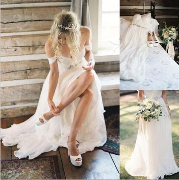 

chiffon country wedding dresses off the shoulder side split custom made summer beach bohemian bridal gowns ba6215, White