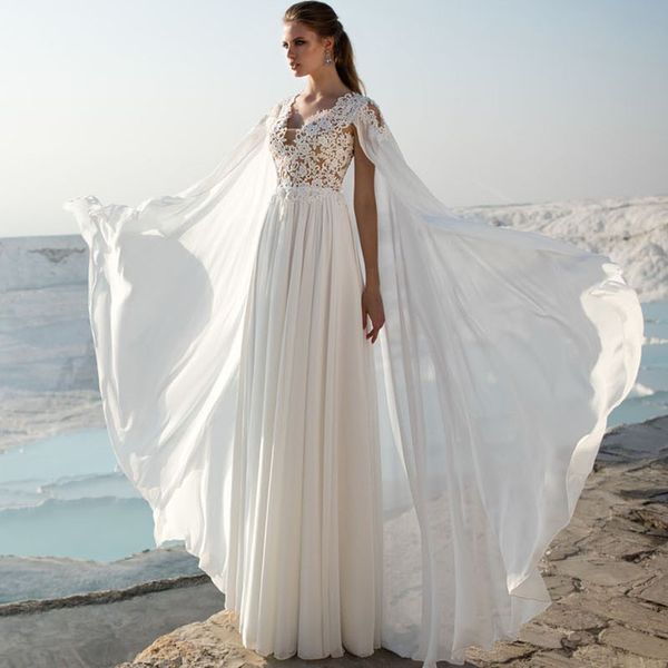 

Elegant Beach Boho White Wedding Dresses 2017 V Neck Lace Appliques Party Bridal Gowns vestido branco Chiffon Vestido De Novia Wed Dress