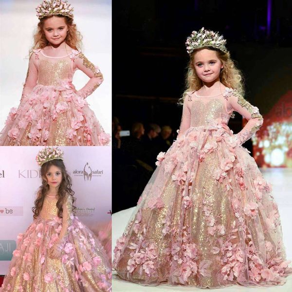 

gold sequined ball gown girls pageant dresses long sleeves toddler flower girl dress floor length 3d appliques first communion gowns, White;red