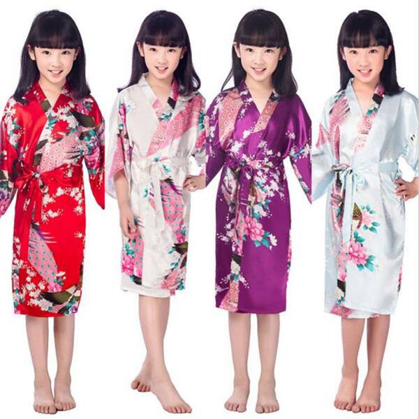 

satin pajama kid children sleepwear wedding flower girls gown kimono robes peacock nightgown fast shipping, Blue;red