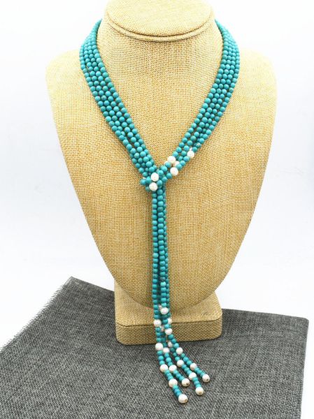 

6 mm turquoise & white 7-8 mm freshwater pearl necklace sweater chain 50", Black