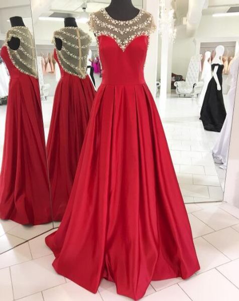 

2017 new crew neck sleeveless red a line evening dresses sheer back with crystals beading prom dresses long party gowns, Black;red