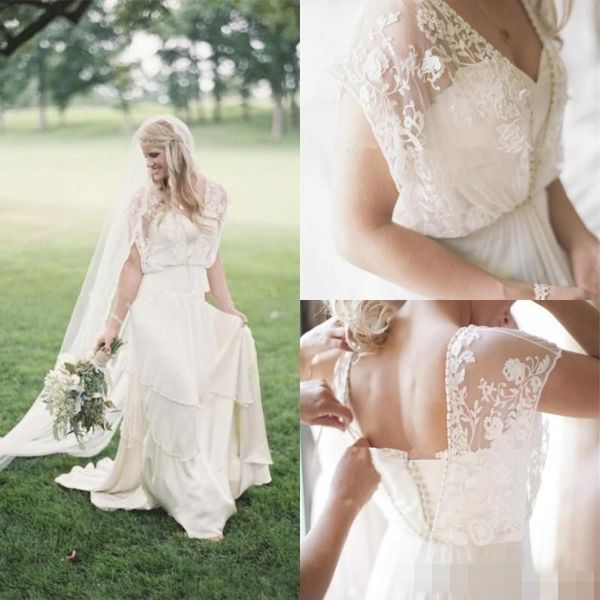 

New arrival ummer beach wedding dre e with applique lace bohemian bridal gown weep train weetheart tired chiffon elegant cheap
