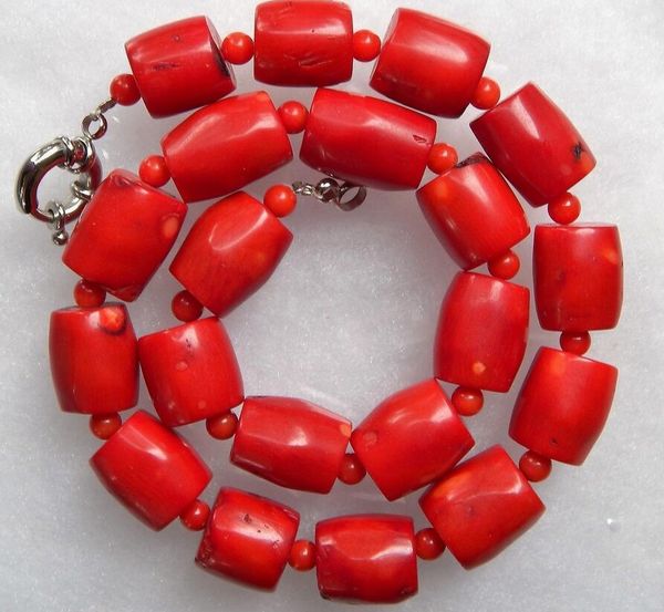 

new vintage estate chunky red coral barrel bead necklace 18", Silver