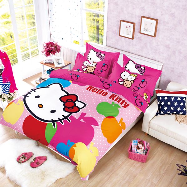Wholesale Our Polyester Cotton Reactive Printed Hello Kitty Bedding Set Full Queen Queen Size Bed Coverlet Set 3 Fast Shipping Comforters And