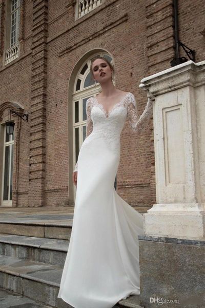 

elegant long sleeve mermaid wedding dresses lace applique sweep train beach wedding dress v-neck bohemian bridal gowns, White
