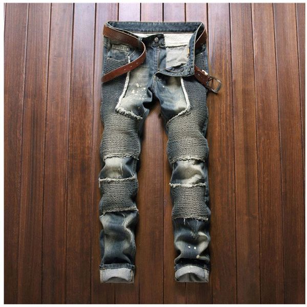 

wholesale- 2016 men locomotive fashion pencil jeans masculina casual skinny patchwork brand denim men's slim rock biker ripped jeans pa, Blue