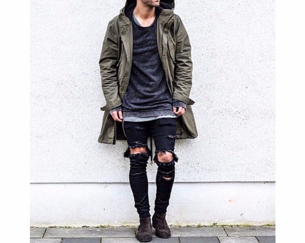 

wholesale- 2017 hip hop fashion pants cool mens urban clothing jumpsuit men's zipper broken-hole rock star jeans with some broken ho, Black