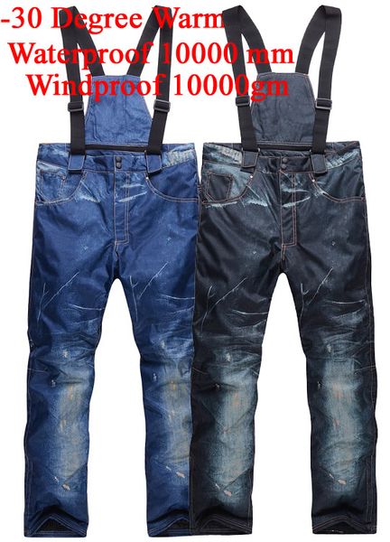 

wholesale- snow denim men bib ski trousers10k waterproof windproof -30 warm snowboard pants winter outdoor sports suspenders pants