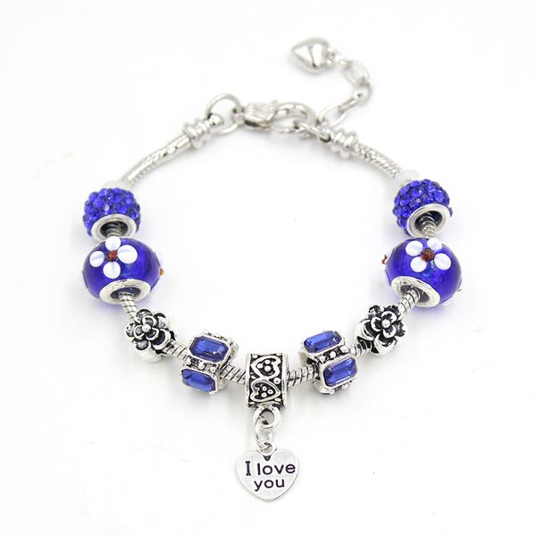

diy flower lampwork murano glass bead bracelet letter engraved i love you heart charm bracelets for women jewelry gift pulsera bijoux, Golden;silver