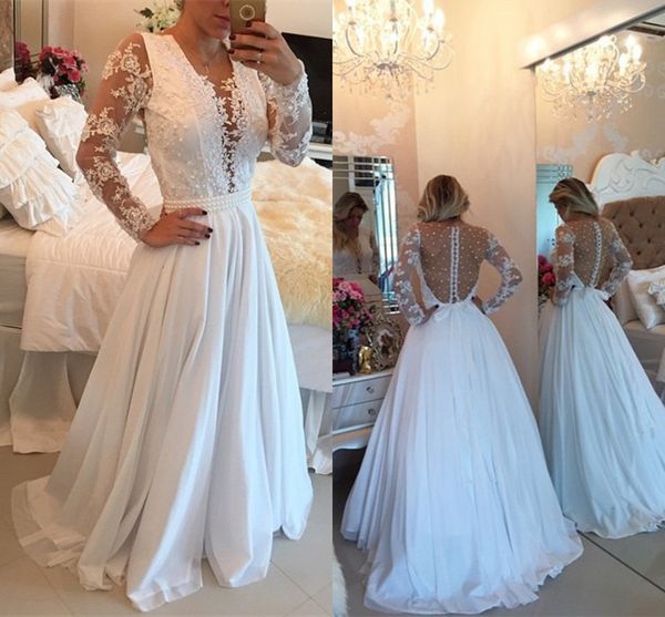 

charming white chiffon long evening dresses with pearl see-through long sleeve dresses evening wear lace a line prom gown ing, Black;red