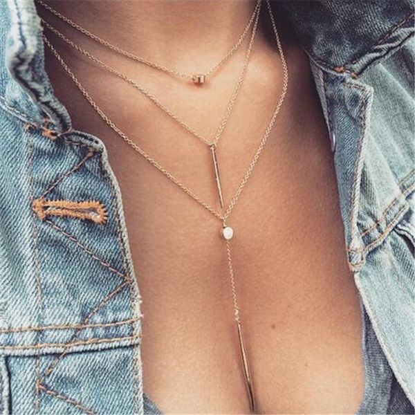 

multilayer necklace choker charms alloy metal bar pendant 3 layers chain necklace chunky women statement choker necklaces women jewelry gift, Golden;silver
