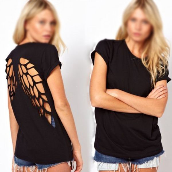 

wholesale- women's new fashion summer t-shirt o-neck lazer cut angel wings short sleeve casual, White