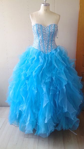 

beaded organza ball gown sweetheart quinceanera dress with ruffles elegant prom dress lace up real p, Blue;red
