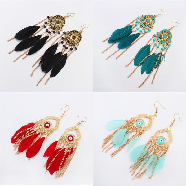 

chandelier earrings jewelry fashion women bohemia colorful feathers gold plated chains tassels alloy long dangle earings wholesale er736, Silver