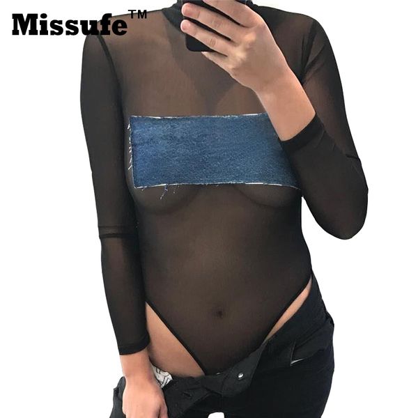 Atacado- Missufe Tartaruga Neck Denim Mulheres Tops 2017 Verão Slim Malha Lace Bodysuit Sexy Manga Longa Camisa Skinny Stretch Leotard Jumpsuit