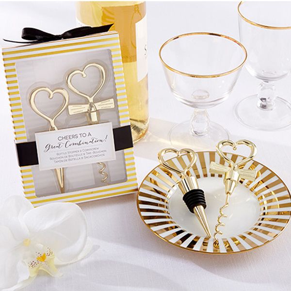 

wholesale-120pcs=60sets/lot gold cheers to a great combination wine set heart wine ser corkscrew wedding favors party gifts ship