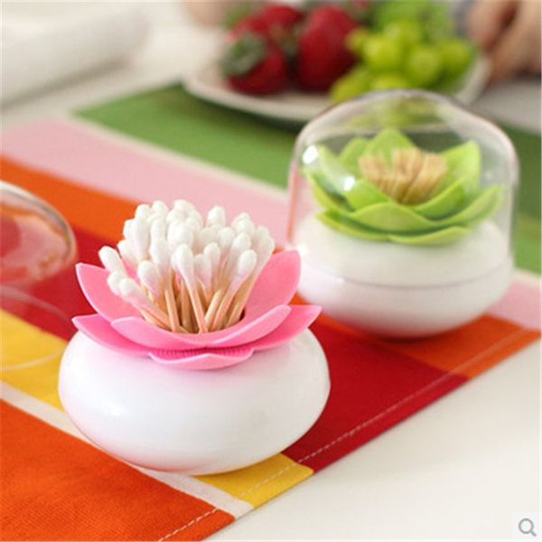 

wholesale- creative 2pcs toothpick holders with cap lotus flower vase cotton swab case bud house storage box plastic decor bin n1421