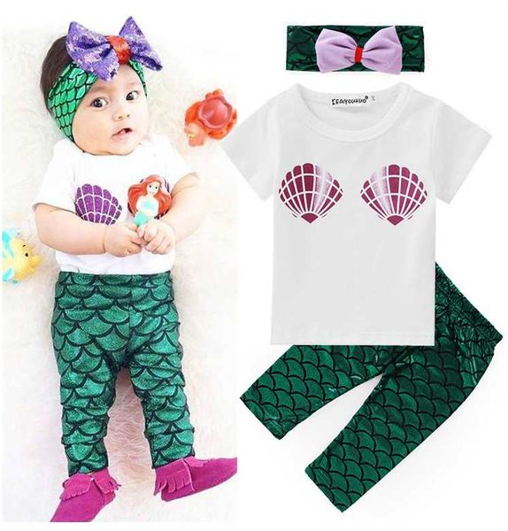 neonate sirena 3 pezzi set di abbigliamento manica corta t-shirt top + pantaloni a sirena + fiocco fascia per bambini abiti per bambini vestito infantile