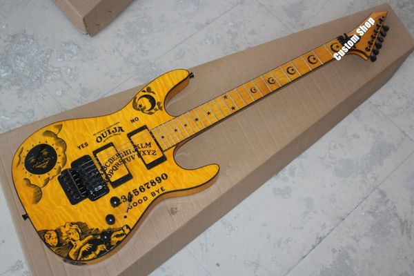 Kirk Hammetts Top in acero trapuntato giallo KH 2 Ouija chitarra elettrica Star Moon intarsio, Floyd Rose Tremolo, pickup China EMG, hardware nero