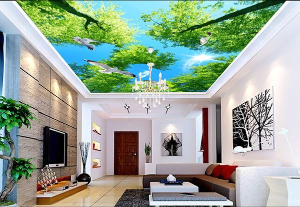 

wholesale-3d wallpaper custom mural non-woven the blue sky white clouds the sky flying pigeon condole roof background wall ceiling murals