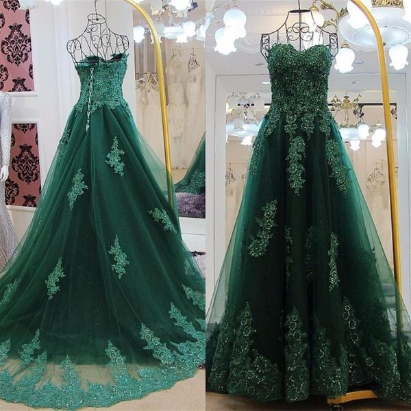 Sparkly Verde Escuro Prom Dressess Formal Prom Vestido Longo Evening Vestidos de Festa Querida Sem Mangas Frisado Lace Apliques Tulle Vestido Espartilho