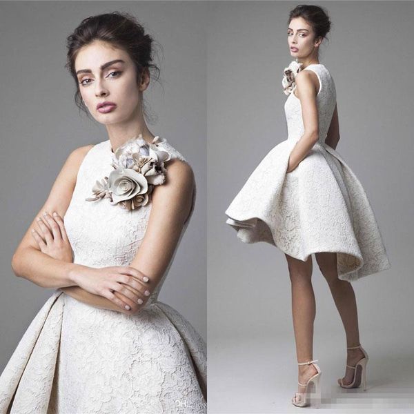 Günstige Abendkleider von Krikor Jabotian mit Juwelenausschnitt und Blumen, ärmellos, 2020, Spitzen-Abschlussballkleider, A-Linie, kurzes Mini-Party-Heimkehrkleid