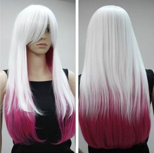 

gt;>> 2018 new white and rose red mix long straight cosplay wig, Black;brown