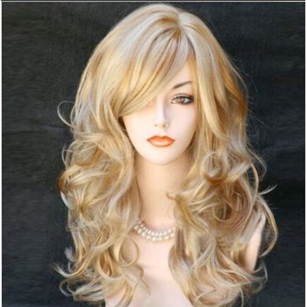 

long wig women light blonde deep wave synthetic hair wigs side bang wig for women, Black