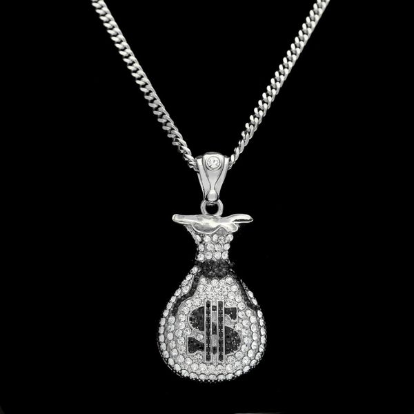 Hip Hop Gold Silber Bargeld Geld Tasche Anhänger für Männer Frauen Bling Kristall Dollar Charm Halskette mit kubanischen Kette Schmuck