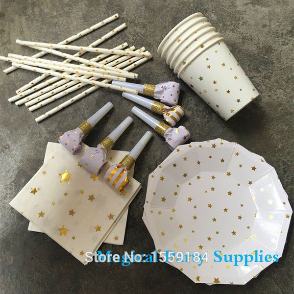 

wholesale- 24 peoples tableware set white & gold star paper straws cups hexagon plates napkins blower for first birthday baby shower party