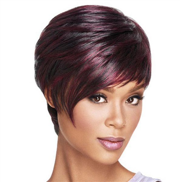 

short bob wig straight fluffy dark red wine burgundy synthetic hair wigs side bang wig for women, Black