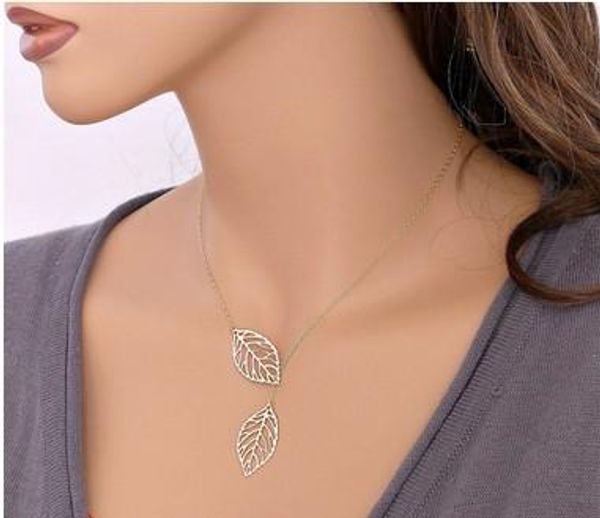 

fashion necklaces charm jewelry gold /silver tone chain double leaf pendant choker chunky statement bib necklace jewelery for ladies /girls, Golden;silver