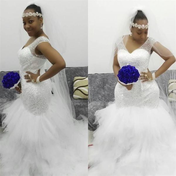 

plus size beaded mermaid wedding dresses cap sleeves v neck tulle open back custom made bridal gowns ruffles zipper court train, White