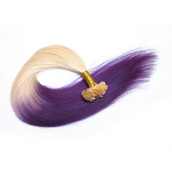 Kinky gerade brasilianisches haar 1g / strang 300 stränge / lot zwei töne ombre 613 / lila keratin spitze menschliches haar verlängerung 14 '' -26 ''