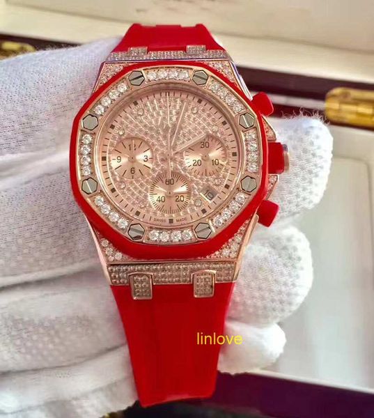 

luxury full diamonds rose gold watch stainless steel jananese quartz chronograph rubber belt women's fashion watches wristwatches, Slivery;brown
