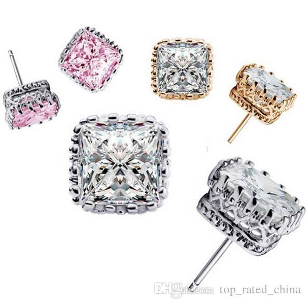 

austrian crystal zircon 925 sterling silver gold plated crown wedding stud earrings fashion engagement jewelry for men and women, Golden;silver