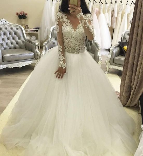 

custom made wedding dresses ball gown illusion with long sleeve tulle dresses bridal appliques vestido de noiva, White
